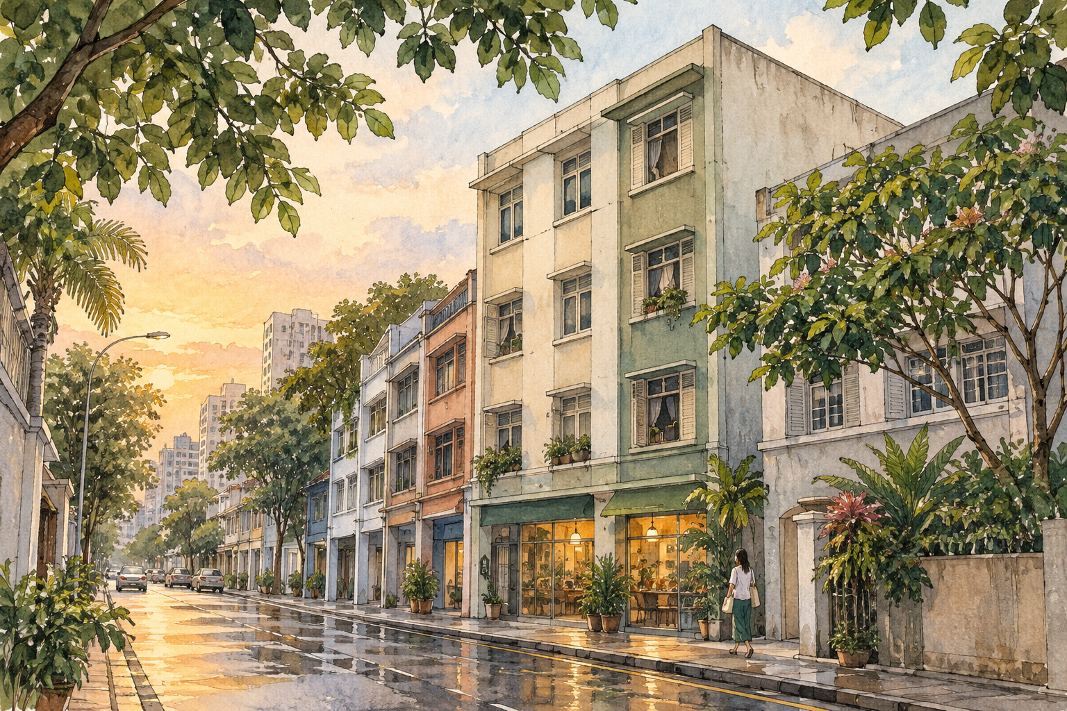 AI-inspired watercolour of an imagined four-storey mixed-use streetscape inspired by Kim Keat Road; not the actual building or a current architectural record.