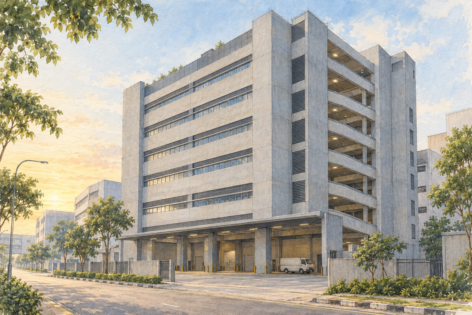 AI-inspired watercolour of an imagined multi-storey urban food-factory building with a vehicle ramp and sheltered loading area, inspired by Apex Foodworks; not an exact depiction.