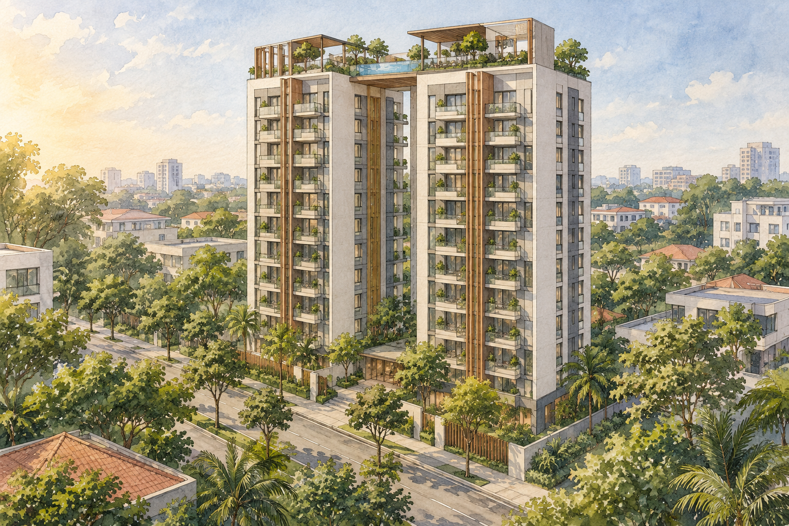 AI-inspired watercolour of paired residential towers and rooftop gardens, inspired by Arena Residences; not an exact site depiction.