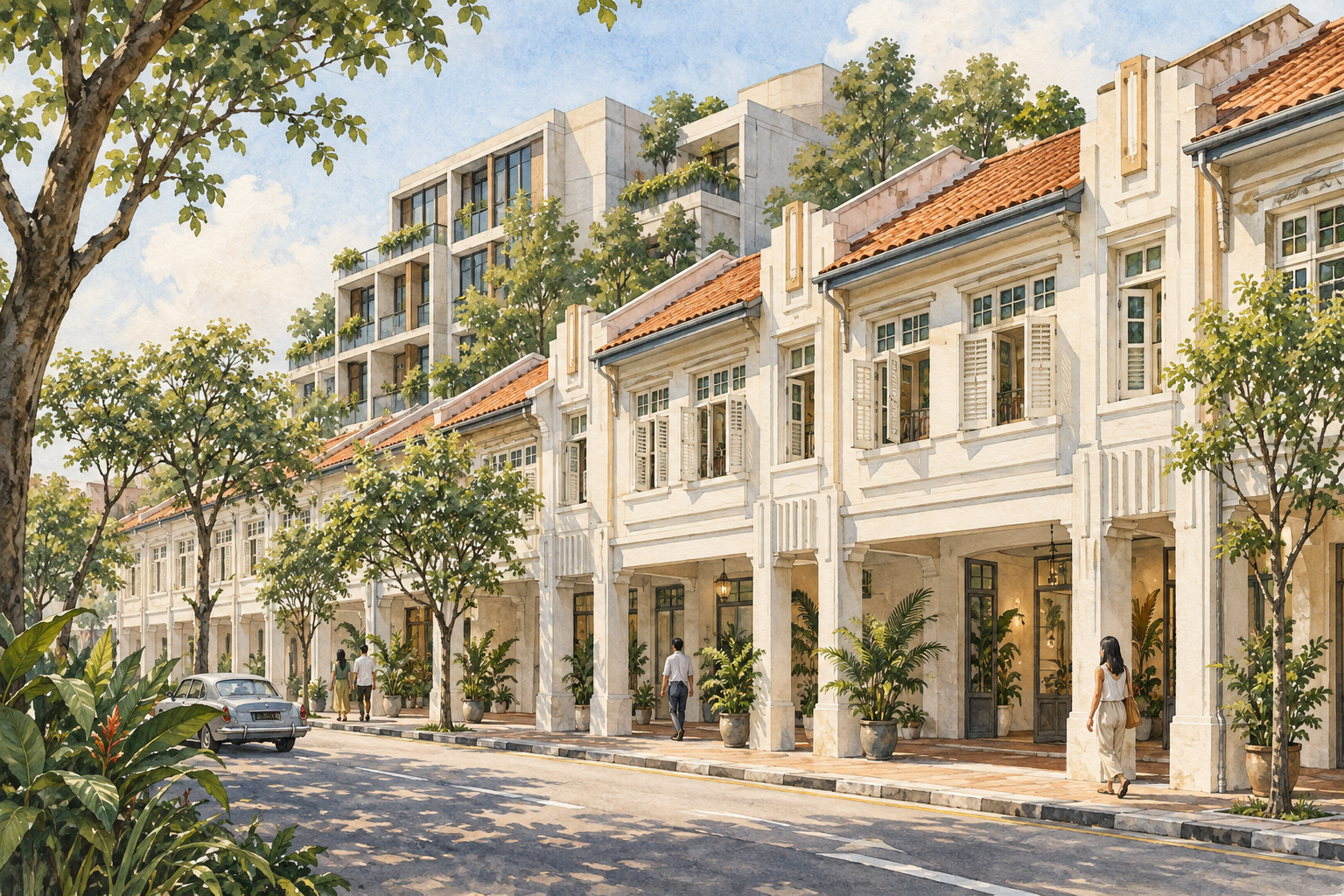 AI-inspired watercolour of an imagined conserved shophouse street with a contemporary residential block behind, inspired by Atlassia; not an exact depiction.