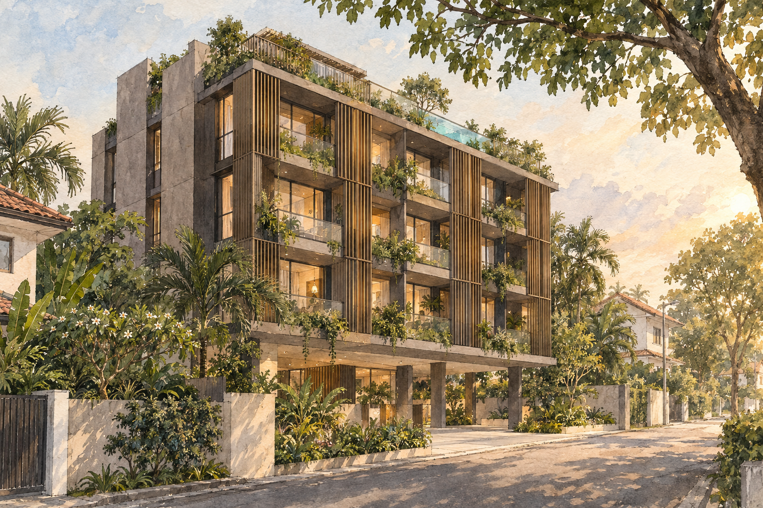 AI-inspired watercolour of an imagined taupe-and-charcoal low-rise apartment building, inspired by Baywind Residences; not an exact depiction.