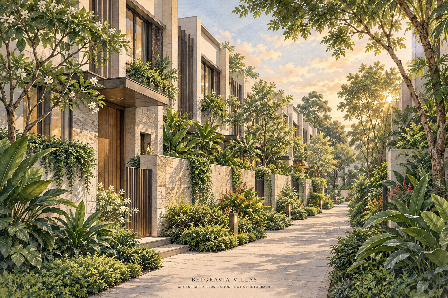 AI illustration inspired by Belgravia Villas, showing terraced homes and a tropical garden path