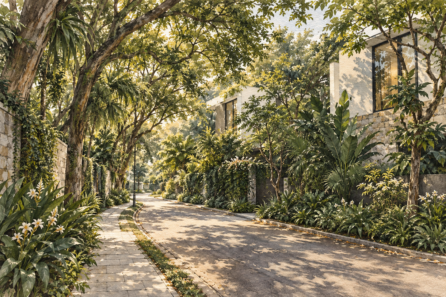 AI-inspired watercolour of an imagined leafy residential streetscape, inspired by Botanic @ Cluny Park; not an exact depiction.