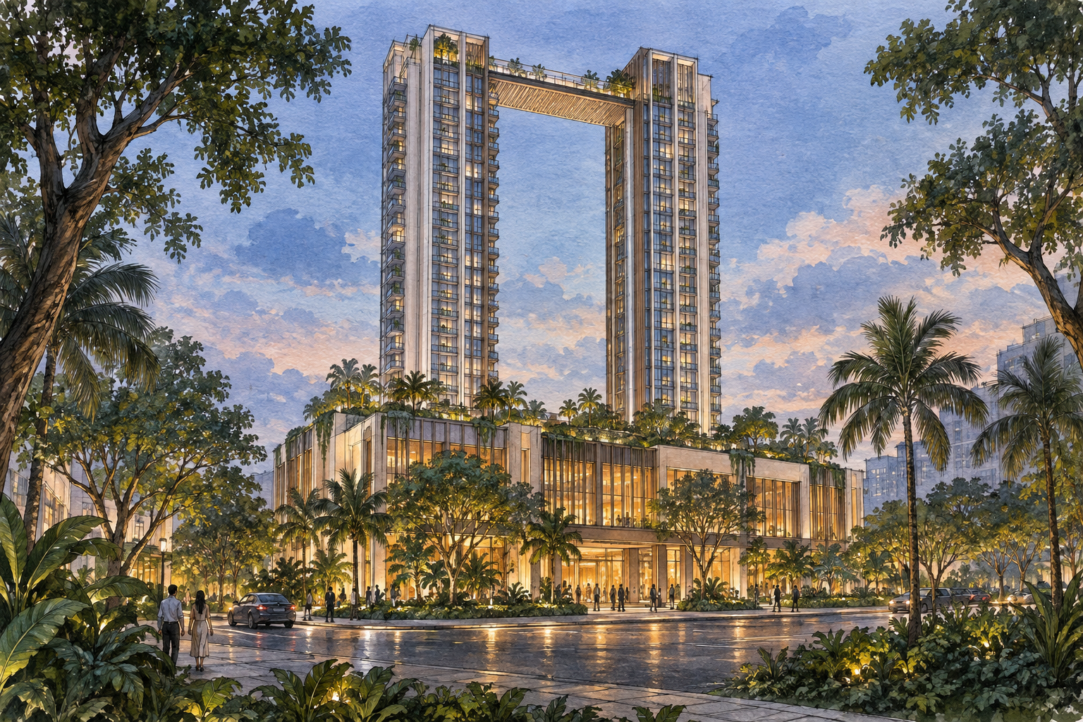 AI-inspired watercolour of two residential towers linked above a lower hotel, inspired by Boulevard 88 and The Singapore EDITION; not an exact site depiction.