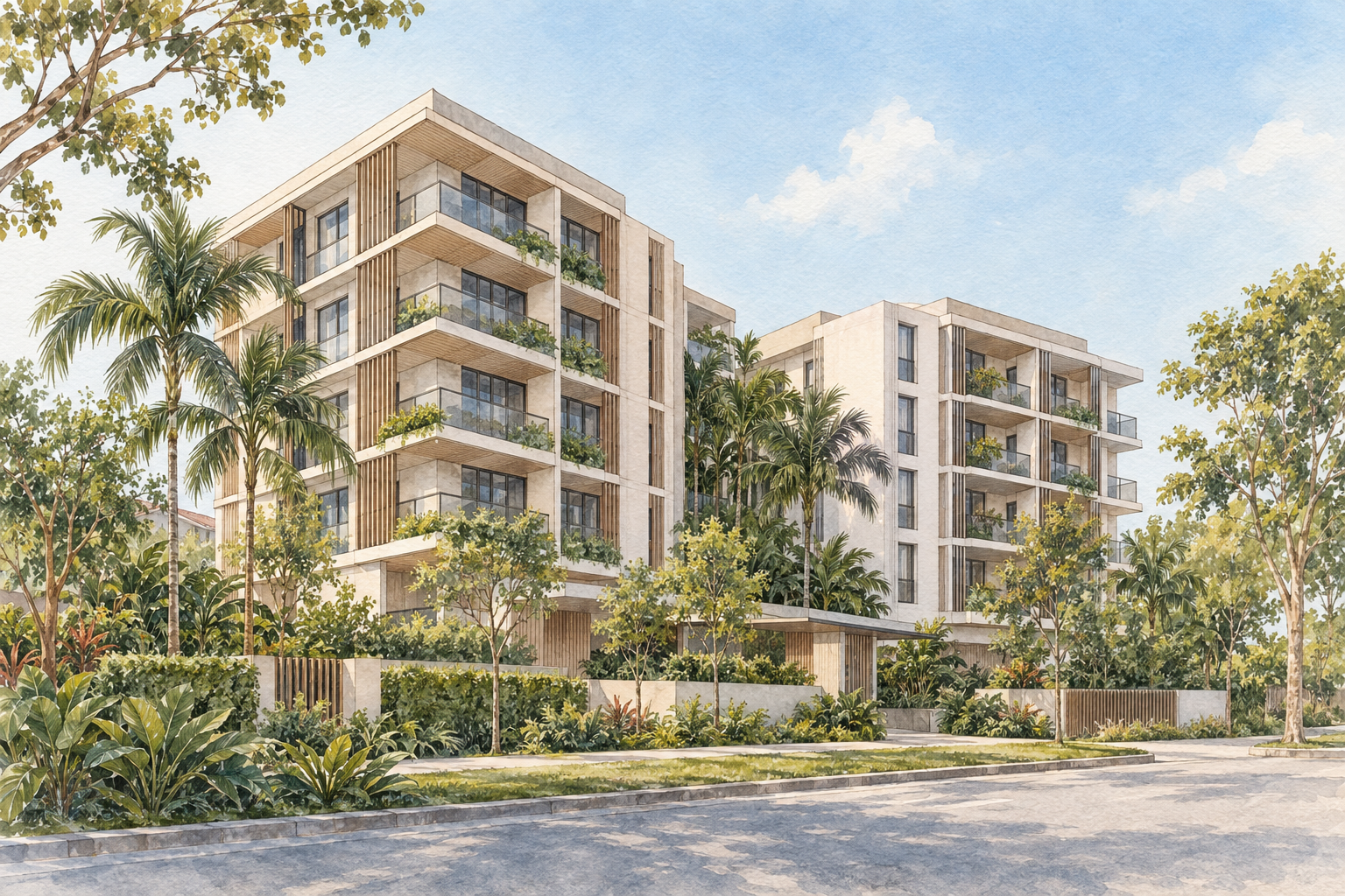 AI-inspired watercolour of two low-rise residential wings and tropical planting, inspired by Casa Al Mare; not an exact site depiction.
