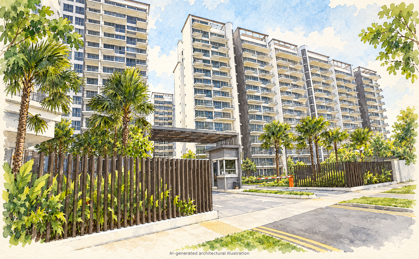 AI-generated architectural illustration of CityLife @ Tampines residential blocks and entrance planting