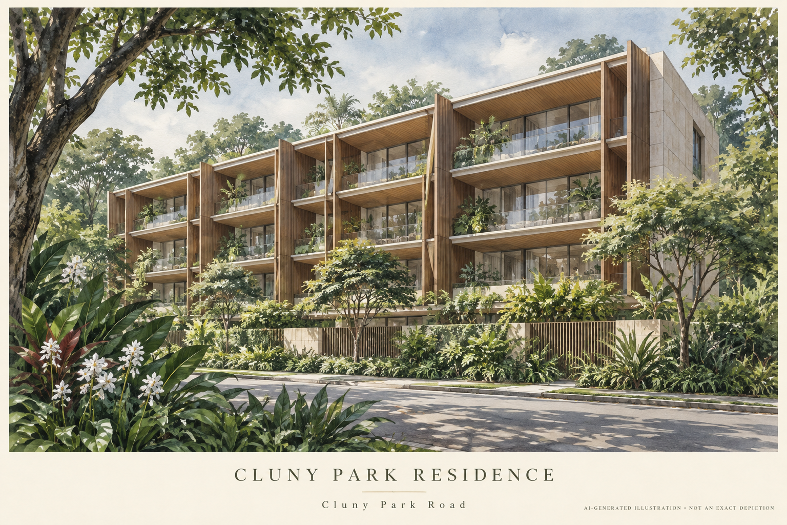 AI-generated illustration inspired by Cluny Park Residence, showing an imagined low-rise building with shaded timber-toned verandahs; not an exact depiction.