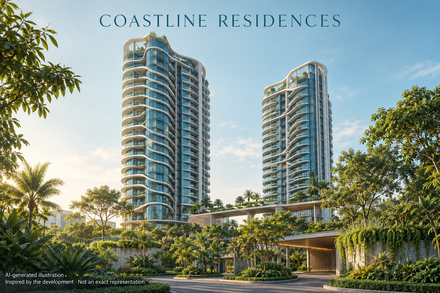 AI-generated illustration inspired by Coastline Residences, with two imagined wave-lined towers and tropical gardens; not an exact architectural depiction.