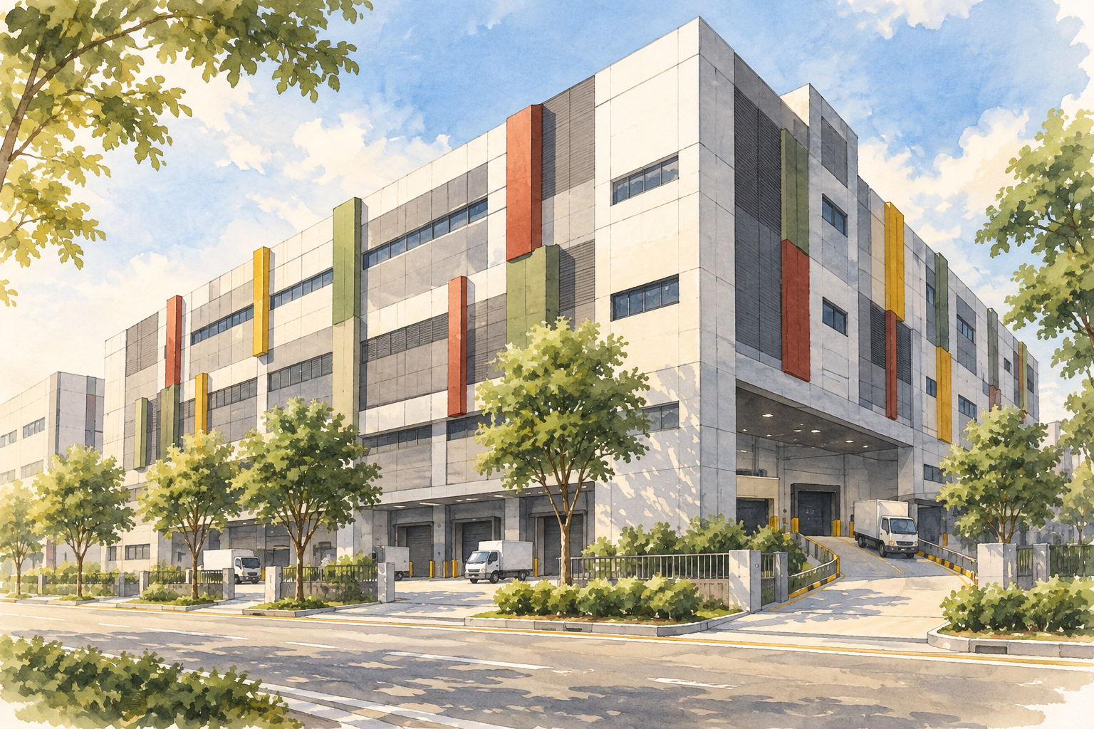 AI-generated architectural watercolour inspired by CT Foodnex, with an imagined industrial facade, coloured panels and loading access; not an exact depiction.