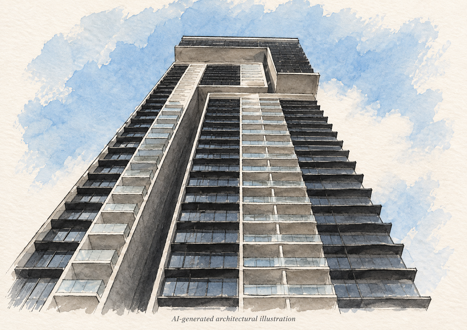 AI-generated architectural illustration of Cube 8’s tower and geometric facade