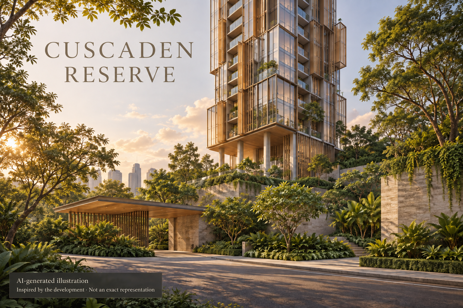 AI-generated illustration inspired by Cuscaden Reserve, showing an imagined bronze-finned tower above terraced tropical gardens; not an exact architectural depiction.