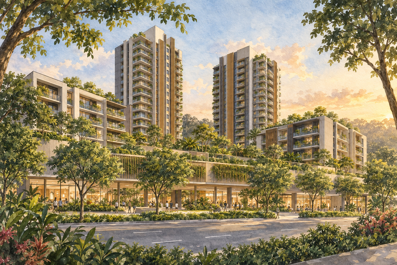 AI-inspired watercolour of an imagined apartment towers, lower wings and retail frontage, inspired by Dairy Farm Mall and Residences; not an exact depiction.