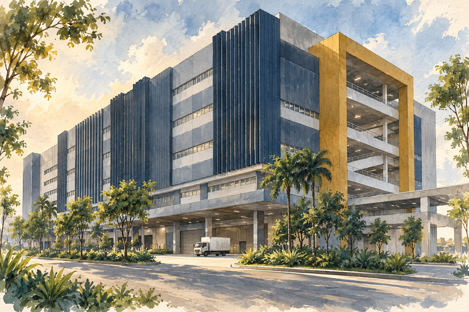 AI-generated architectural watercolour inspired by Food Ascent, with an imagined industrial facade, blue-grey fins and loading access; not an exact depiction.