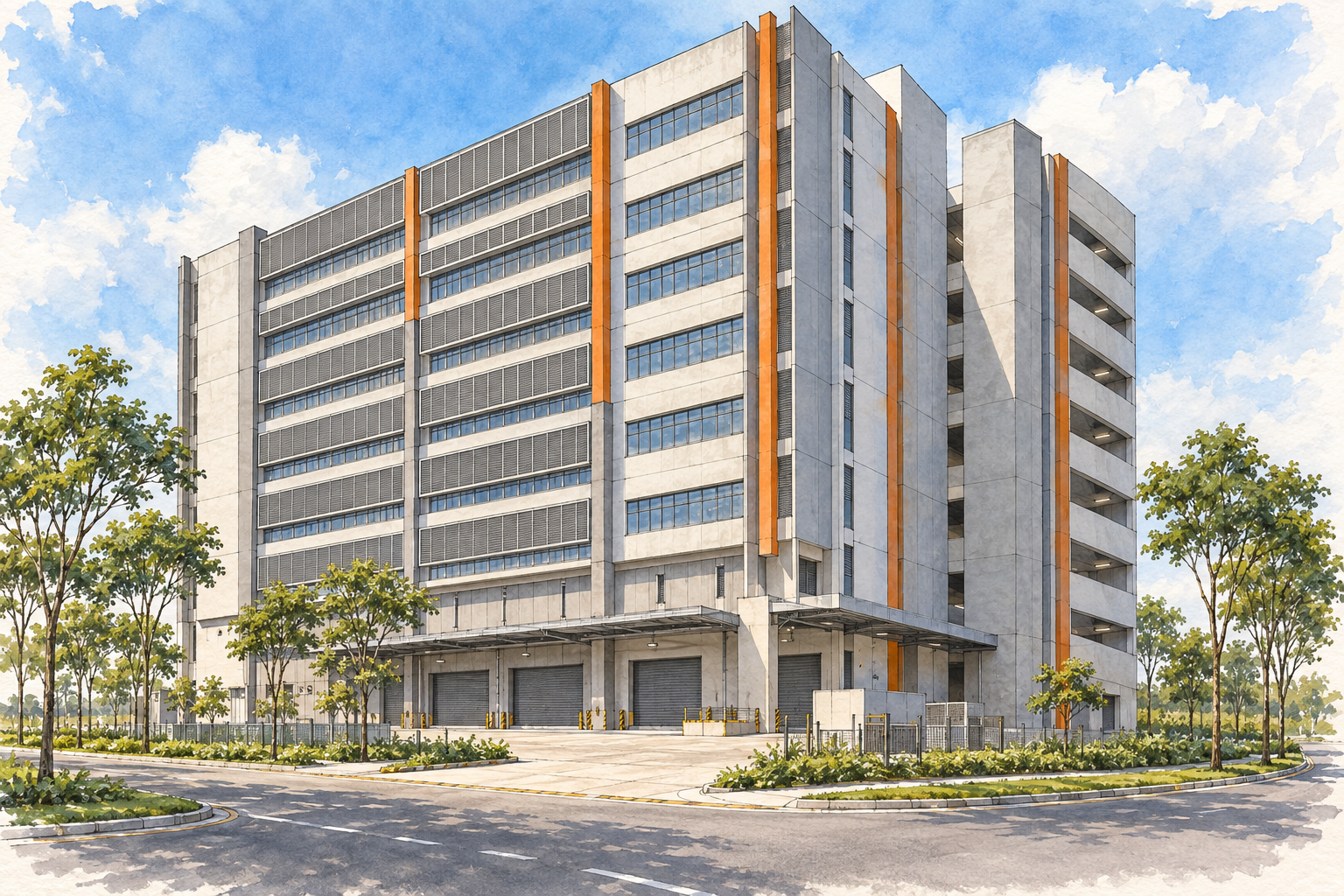 AI-inspired watercolour of a tall industrial food-production building with screened factory floors, inspired by Food Concept @ Pandan; not an exact site depiction.