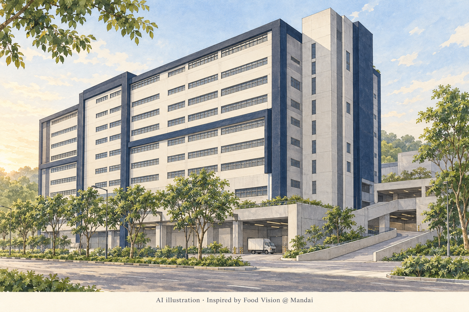 AI-generated illustration inspired by Food Vision @ Mandai, showing an imagined industrial building with horizontal windows, a vehicle ramp and tropical street trees; not an exact architectural depiction.