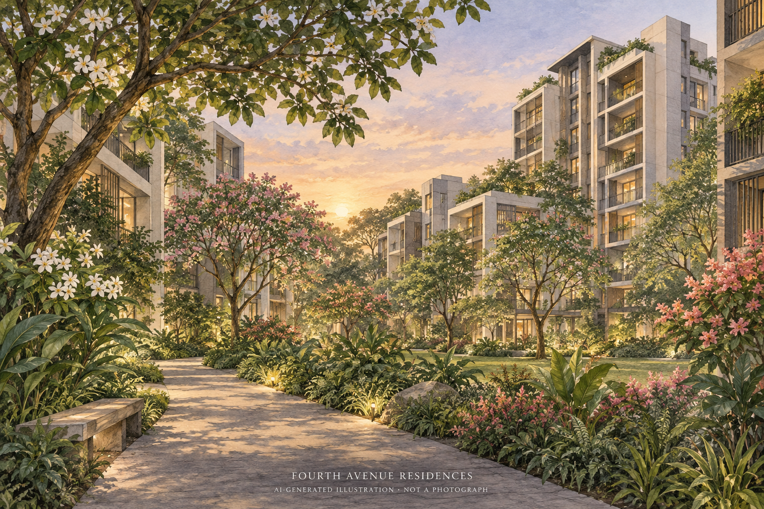 AI illustration inspired by Fourth Avenue Residences, showing varied residential block heights and gardens