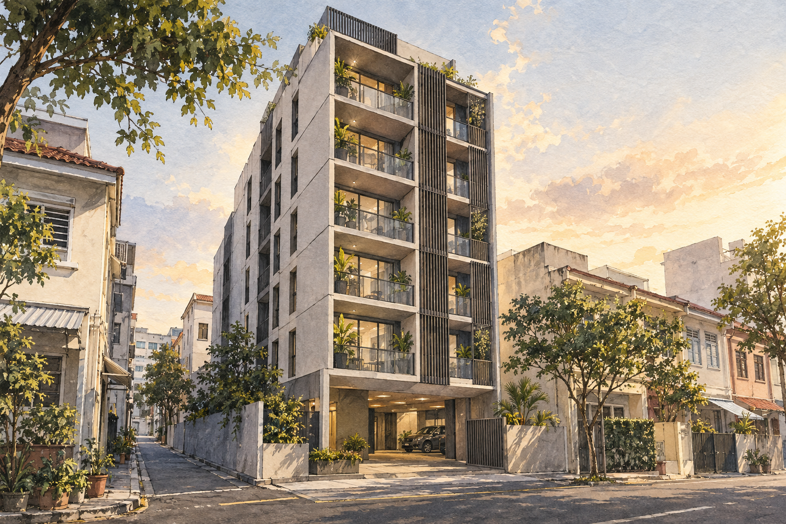 AI-inspired watercolour of an imagined slender grey apartment building on an urban street, inspired by Gems Ville; not an exact depiction.