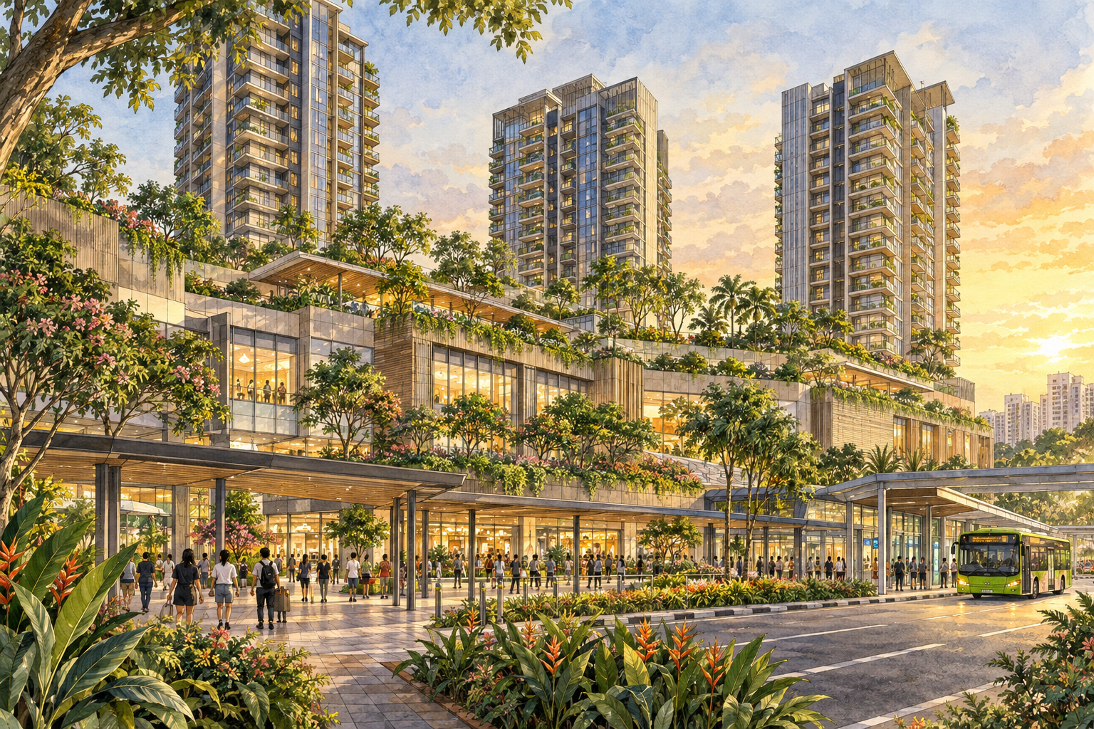 AI-inspired watercolour of three residential towers above retail spaces, landscaped decks and public pedestrian activity, inspired by Hillion Mall / Hillion Residences; not an exact site depiction.