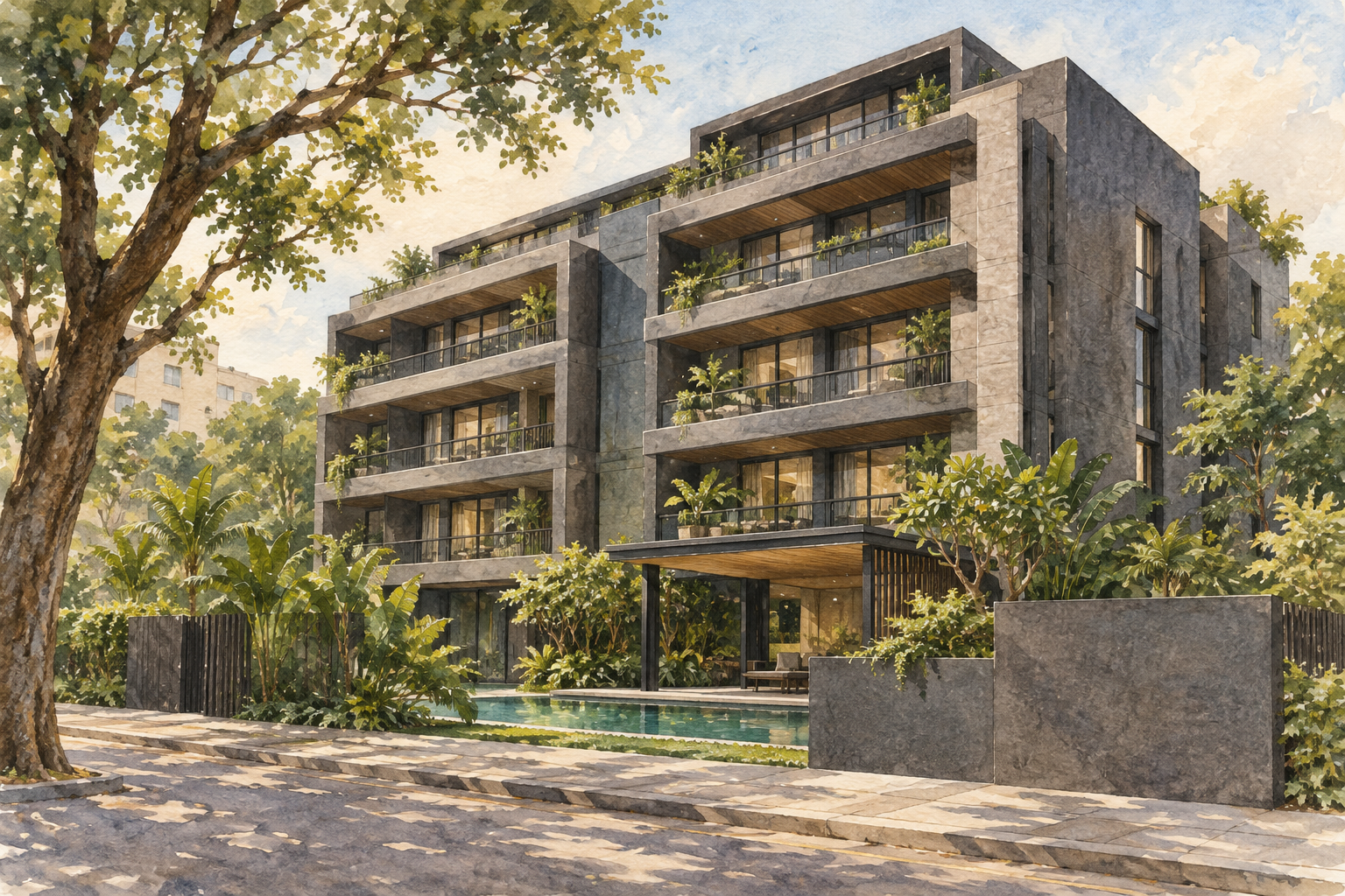 AI-inspired watercolour of an imagined compact charcoal-grey apartment building and small pool court, inspired by Ikigai; not an exact depiction.