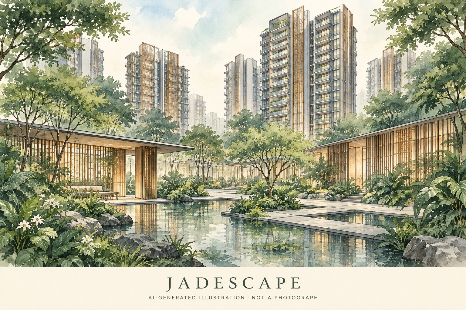 AI illustration inspired by Jadescape, showing layered residential towers, screens and a tropical garden