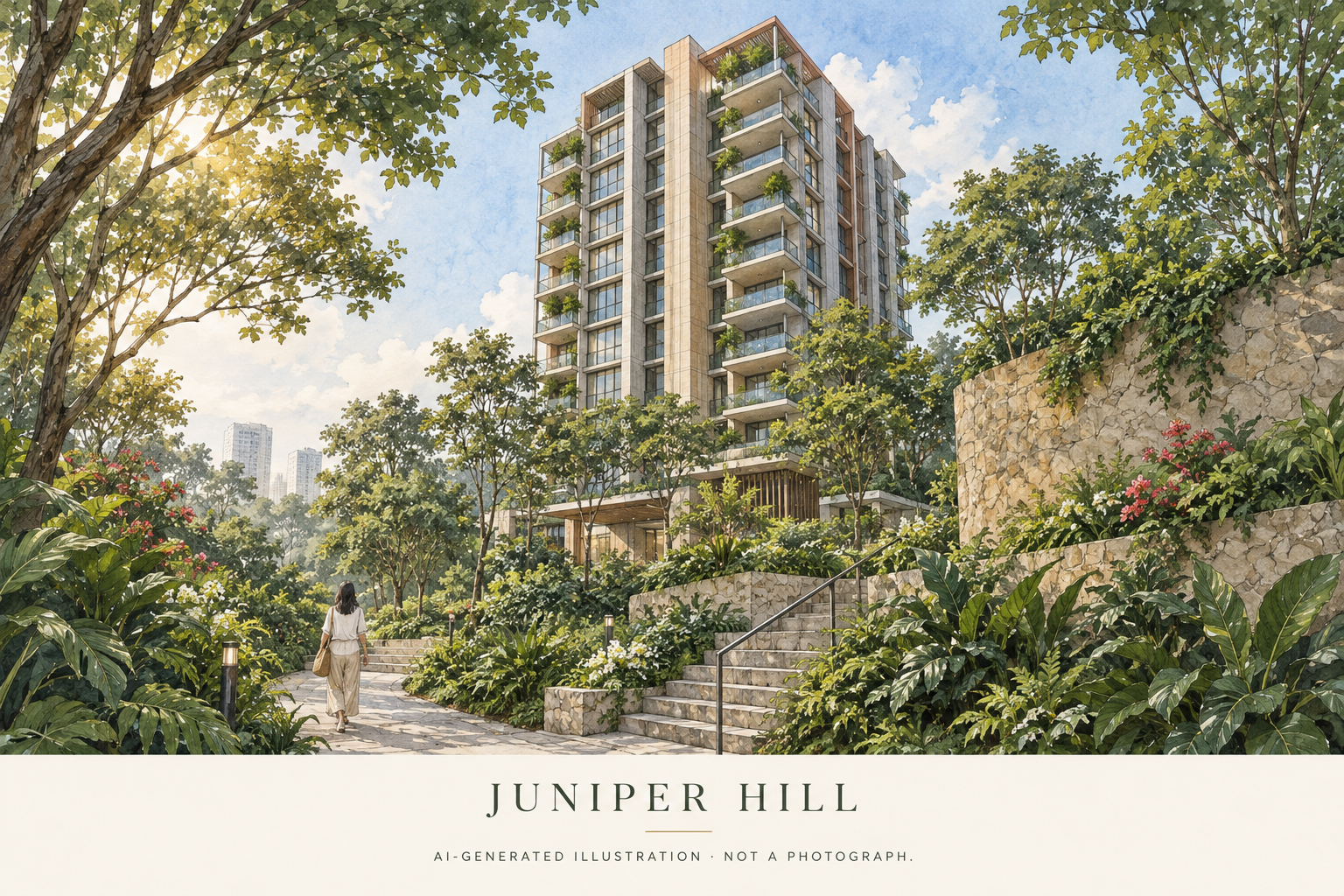 AI illustration inspired by Juniper Hill, showing a single residential block above a tropical garden path