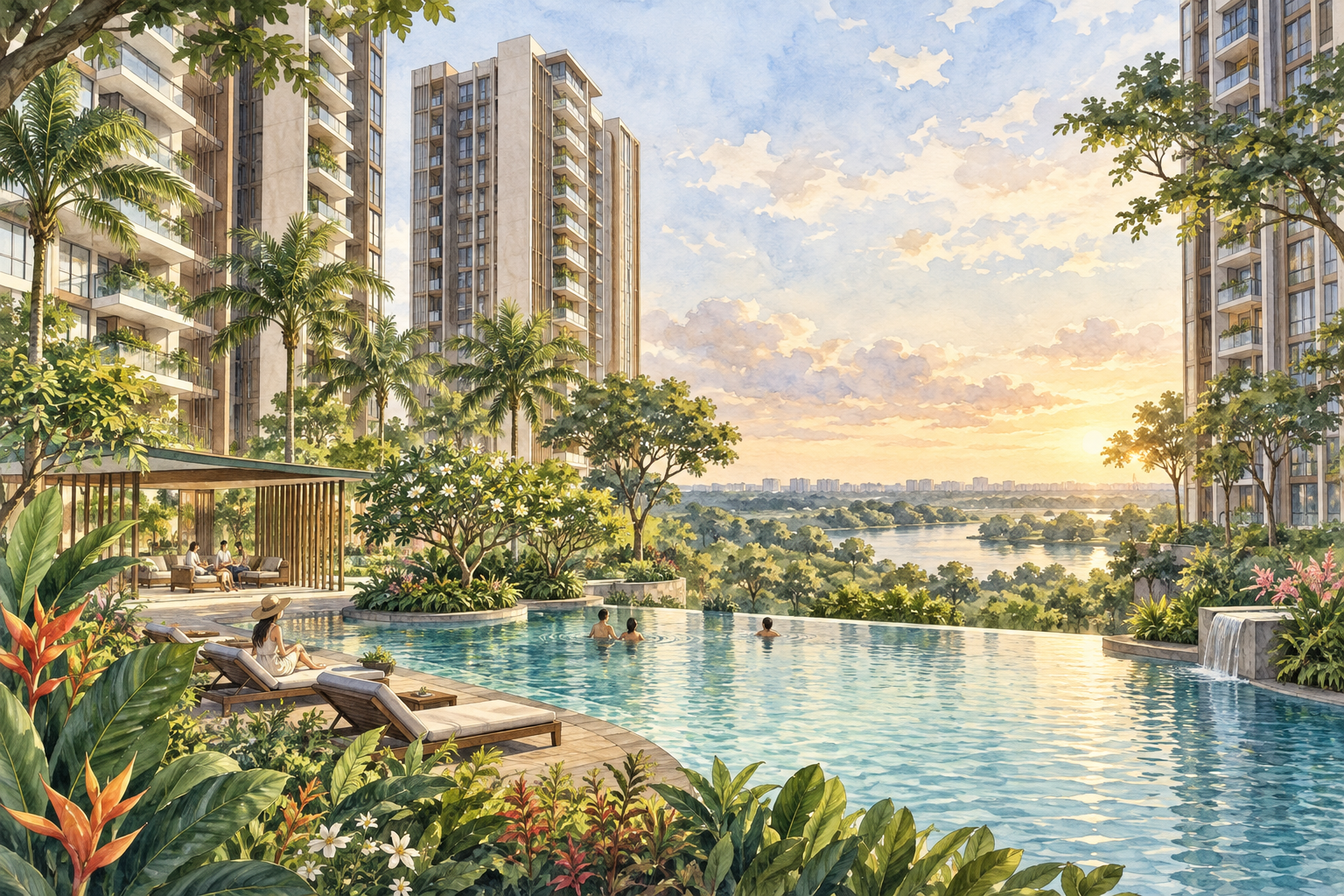 AI-inspired watercolour of high-rise homes, tropical gardens and a communal pool, inspired by Lake Life; not an exact site depiction.