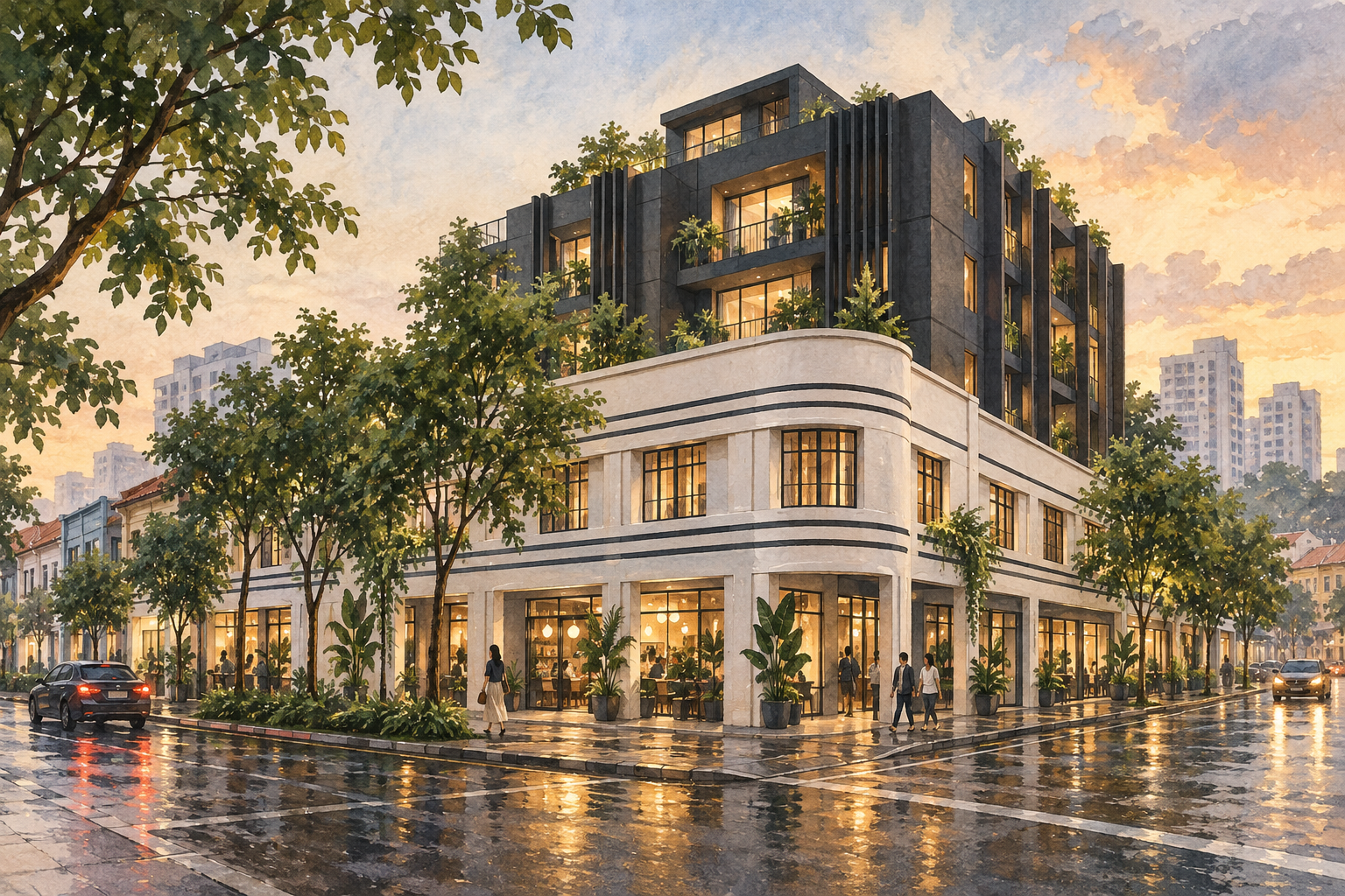 AI-inspired watercolour of imagined Art Deco shopfronts with a modern apartment block above, inspired by Lavender Residences; not an exact depiction.