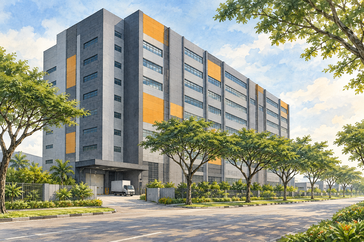 AI-inspired watercolour of an imagined grey industrial food-factory building with orange accents and roadside trees, inspired by LHN Food Chain; not an exact depiction.
