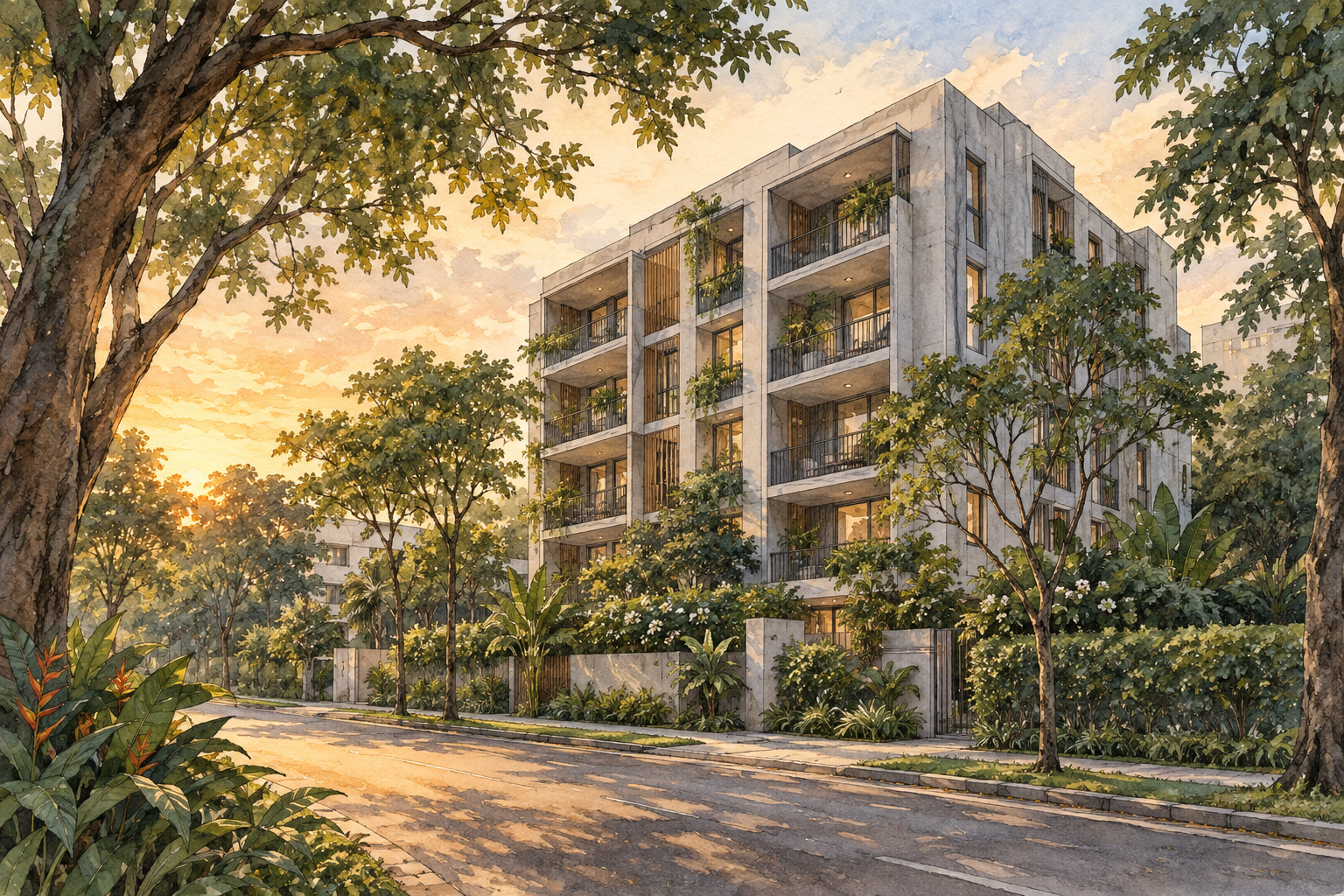 AI-inspired watercolour of a compact apartment building framed by tropical roadside trees, inspired by Liiv Residences; not an exact site depiction.