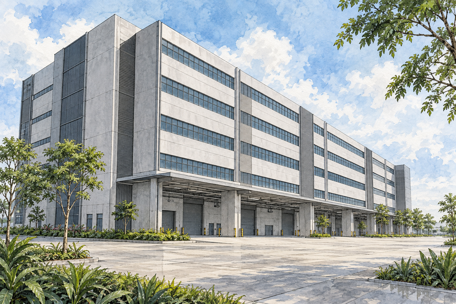 AI-inspired watercolour of a six-storey industrial building and service forecourt, inspired by Liner; not an exact site depiction.