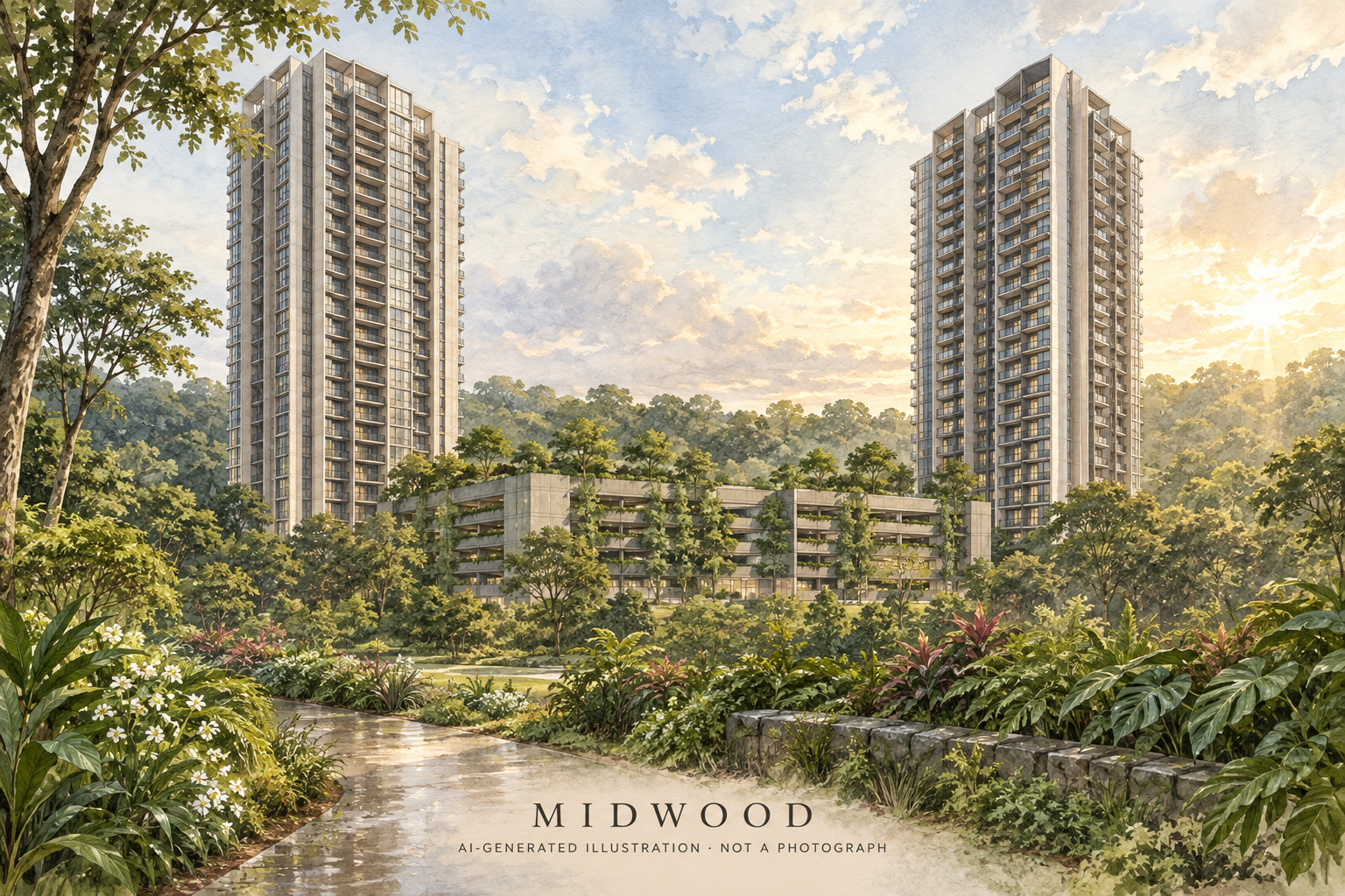 AI illustration inspired by Midwood, with two separated towers and a lower central block among greenery