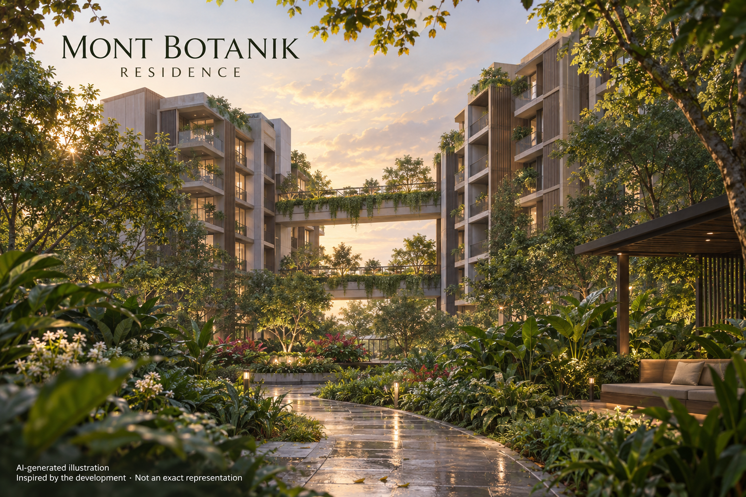 AI-generated illustration inspired by Mont Botanik Residence, showing imagined residential wings linked by planted garden terraces; not an exact architectural depiction.