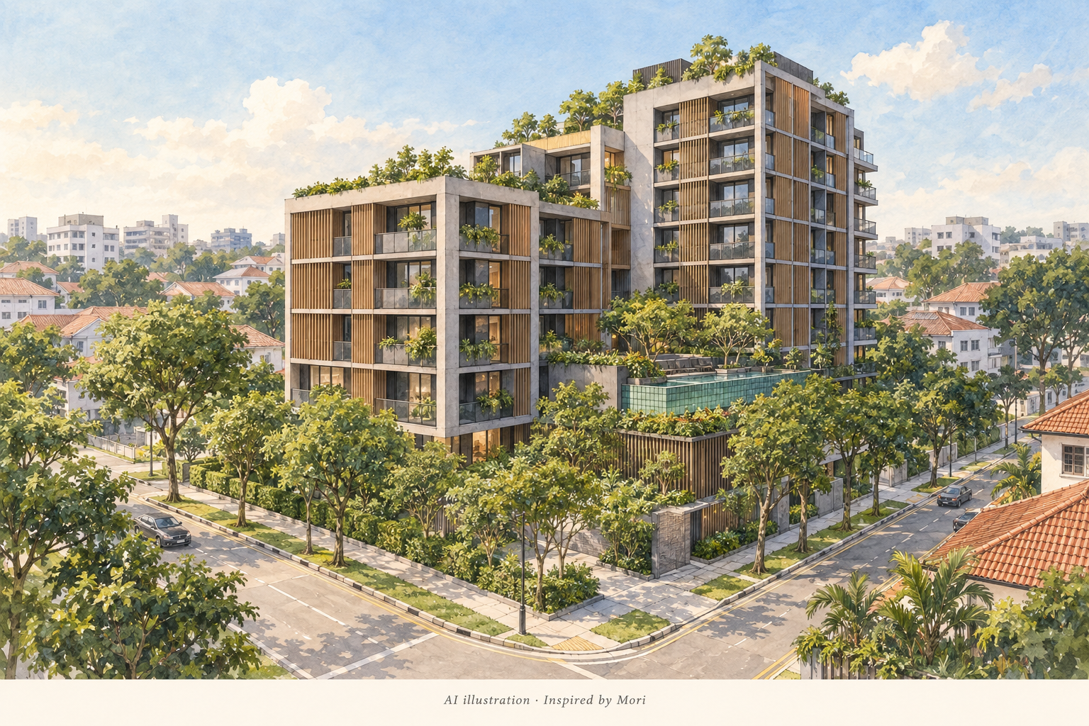 AI-generated illustration inspired by Mori, showing an imagined stepped residential building with concrete frames, timber-toned panels and planted terraces; not an exact architectural depiction.