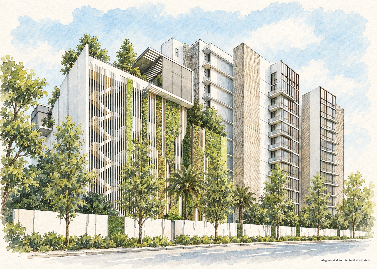 AI-generated architectural illustration of My Manhattan’s white facades, vertical fins and planting