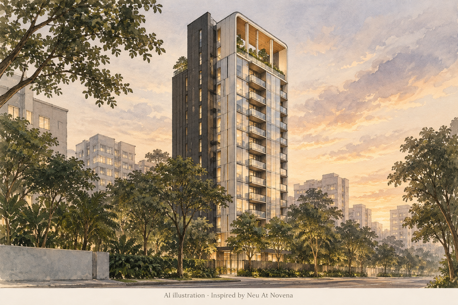 AI-generated illustration inspired by Neu At Novena, showing an imagined slender residential tower with a curved upper façade, an open terrace and tropical street trees; not an exact architectural depiction.