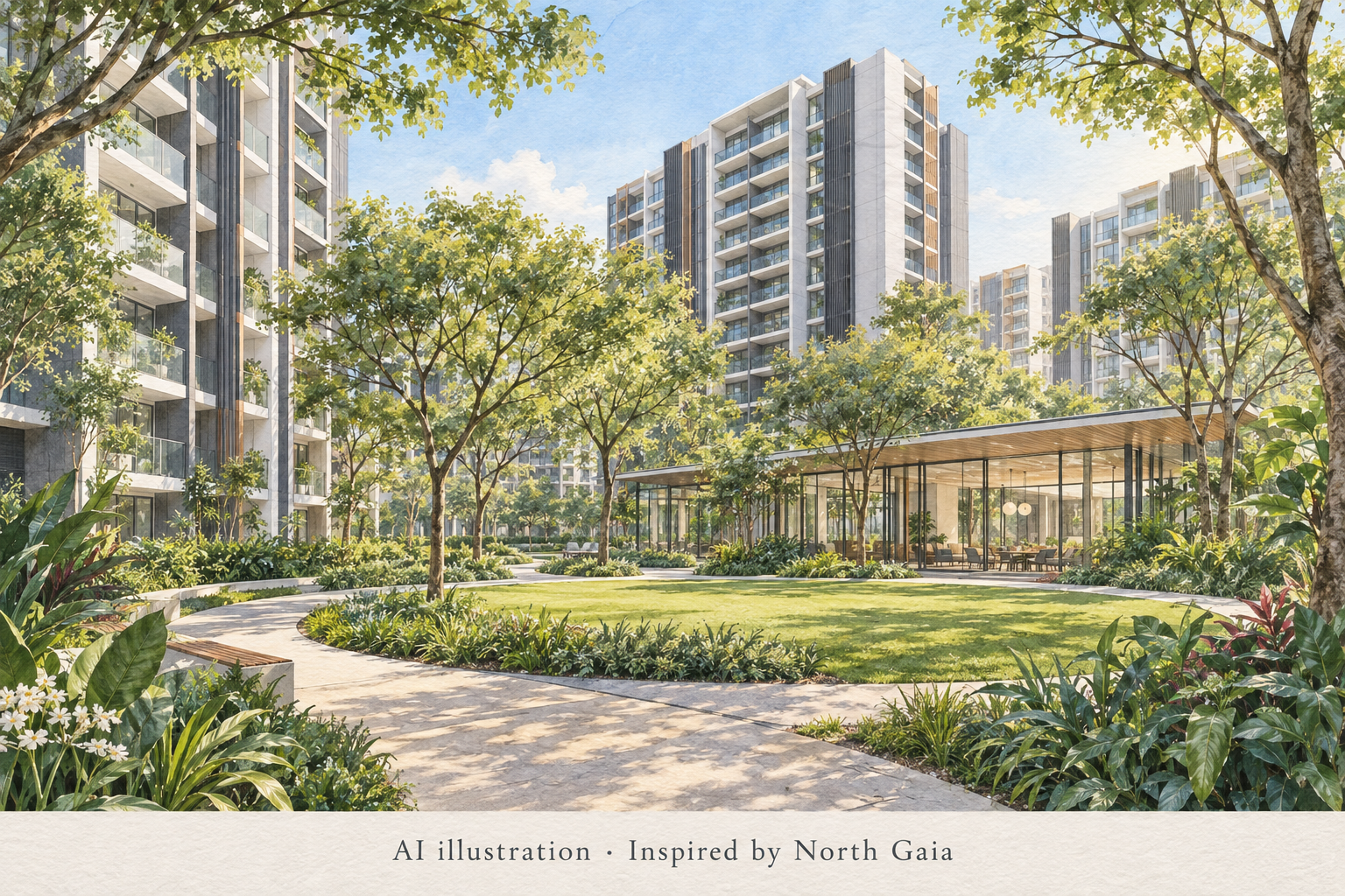 AI-generated illustration inspired by North Gaia, showing an imagined tropical courtyard with curved paths, trees and residential blocks; not an exact architectural depiction.