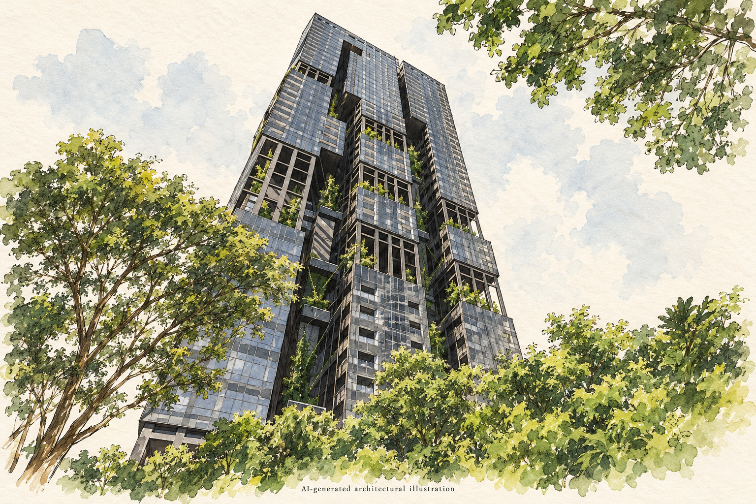 AI-generated architectural illustration of the dark glass facade and planting at Nouvel 18
