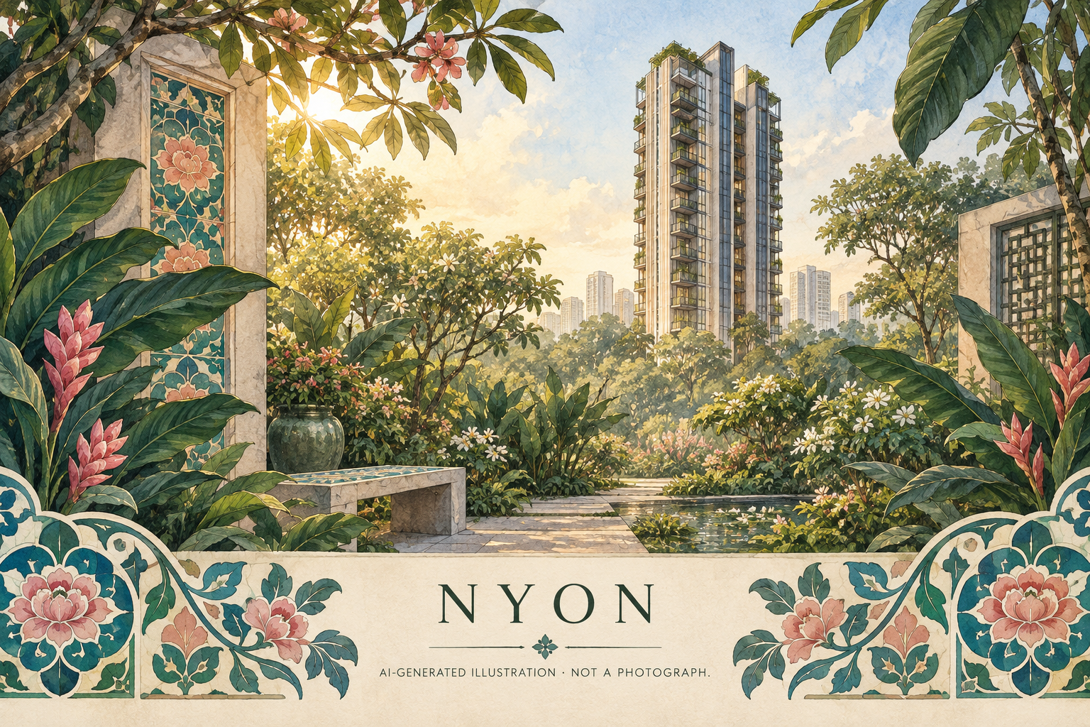 AI illustration inspired by Nyon, combining a contemporary residential tower, tropical planting and Peranakan motifs