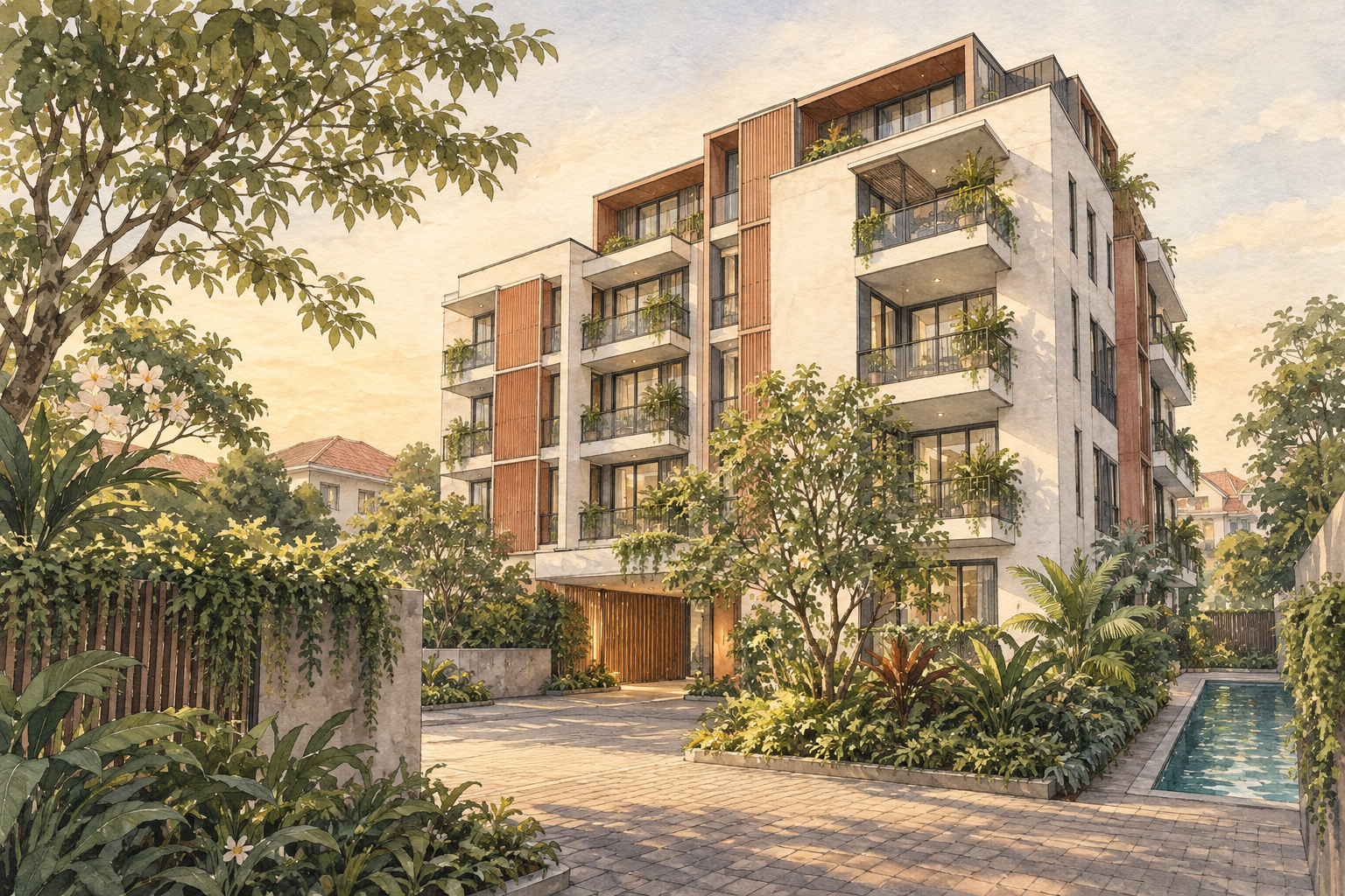 AI-inspired watercolour of a compact apartment building with offset volumes and a landscaped court, inspired by Olloi; not an exact site depiction.