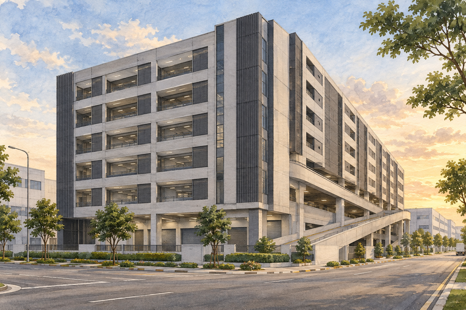 AI-inspired watercolour of an imagined grey ramp-up industrial building on a Singapore street, inspired by One KA @ Macpherson; not an exact depiction.
