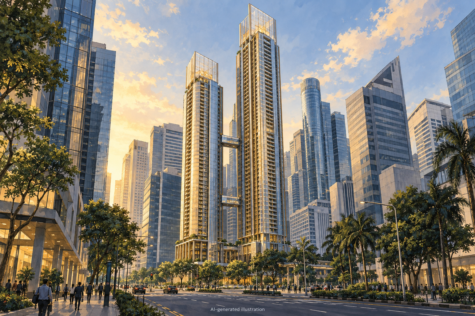 AI-generated illustration inspired by One Shenton’s twin towers and city setting