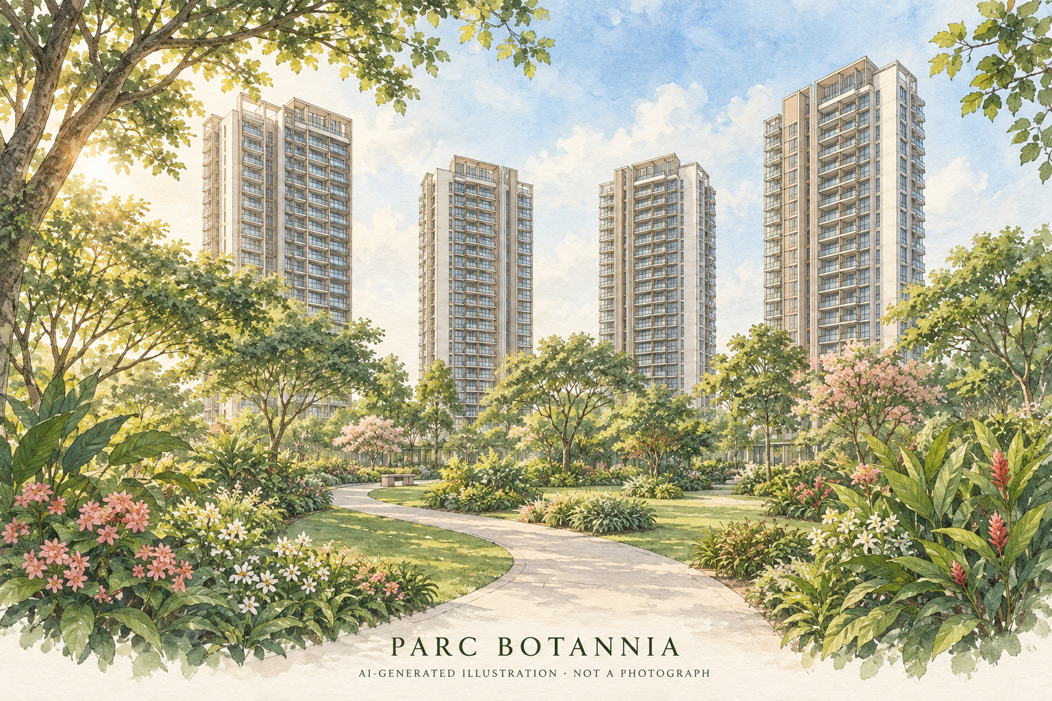 AI illustration inspired by Parc Botannia, showing four apartment towers behind tropical planting