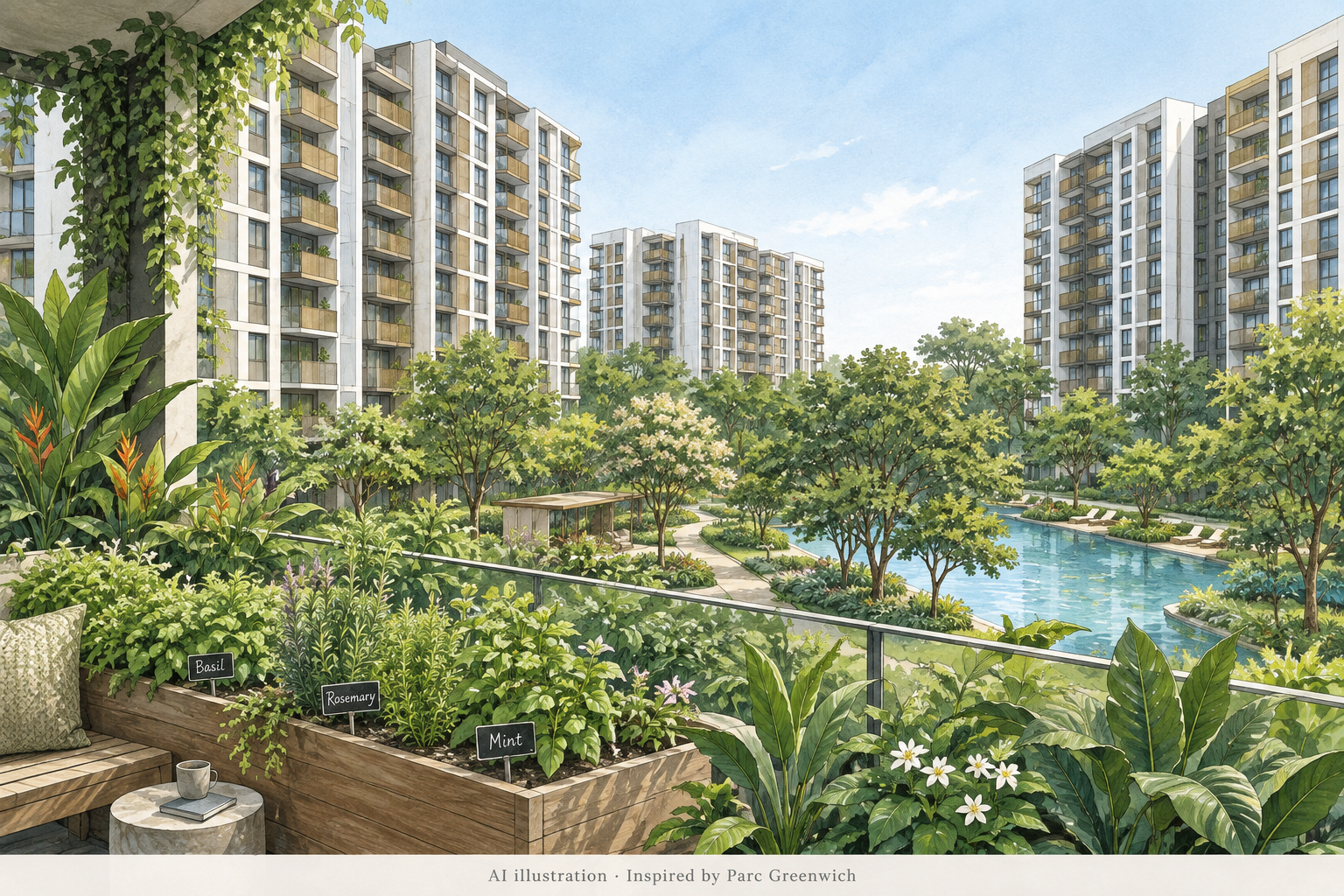 AI-generated illustration inspired by Parc Greenwich, showing imagined mid-rise homes, a pool and planted gardens; not an exact architectural depiction.