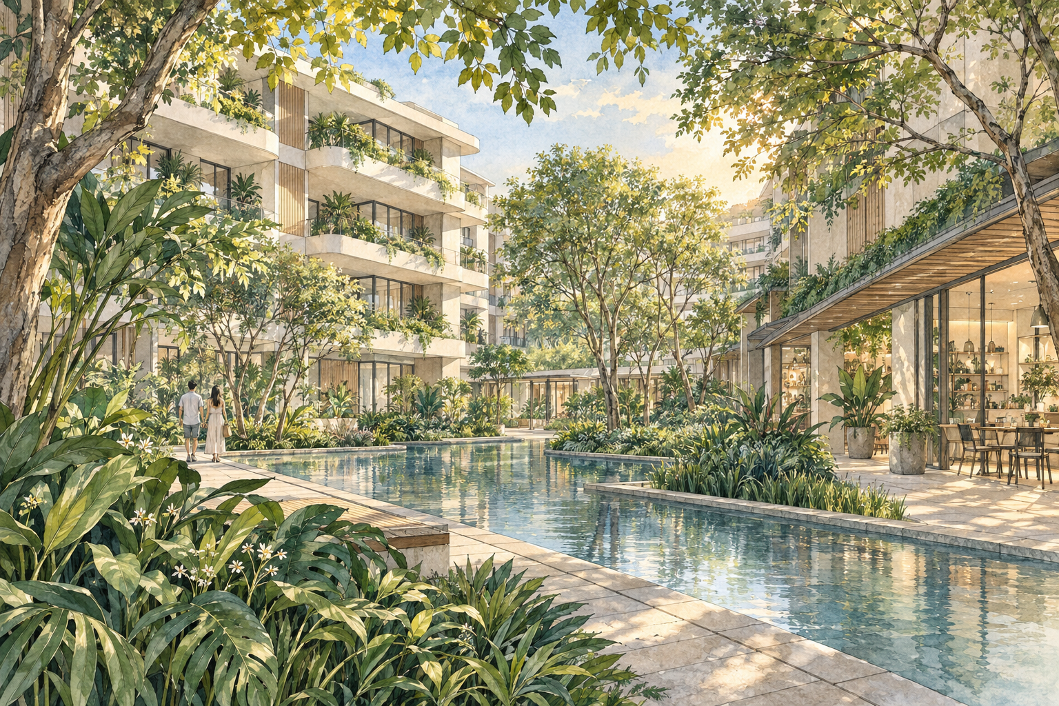 AI-inspired watercolour of an imagined low-rise residential garden and neighbourhood shops inspired by Parc Komo; not an exact site depiction.