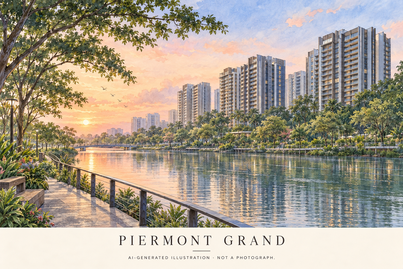 AI illustration inspired by Piermont Grand, with residential blocks beyond a landscaped waterway