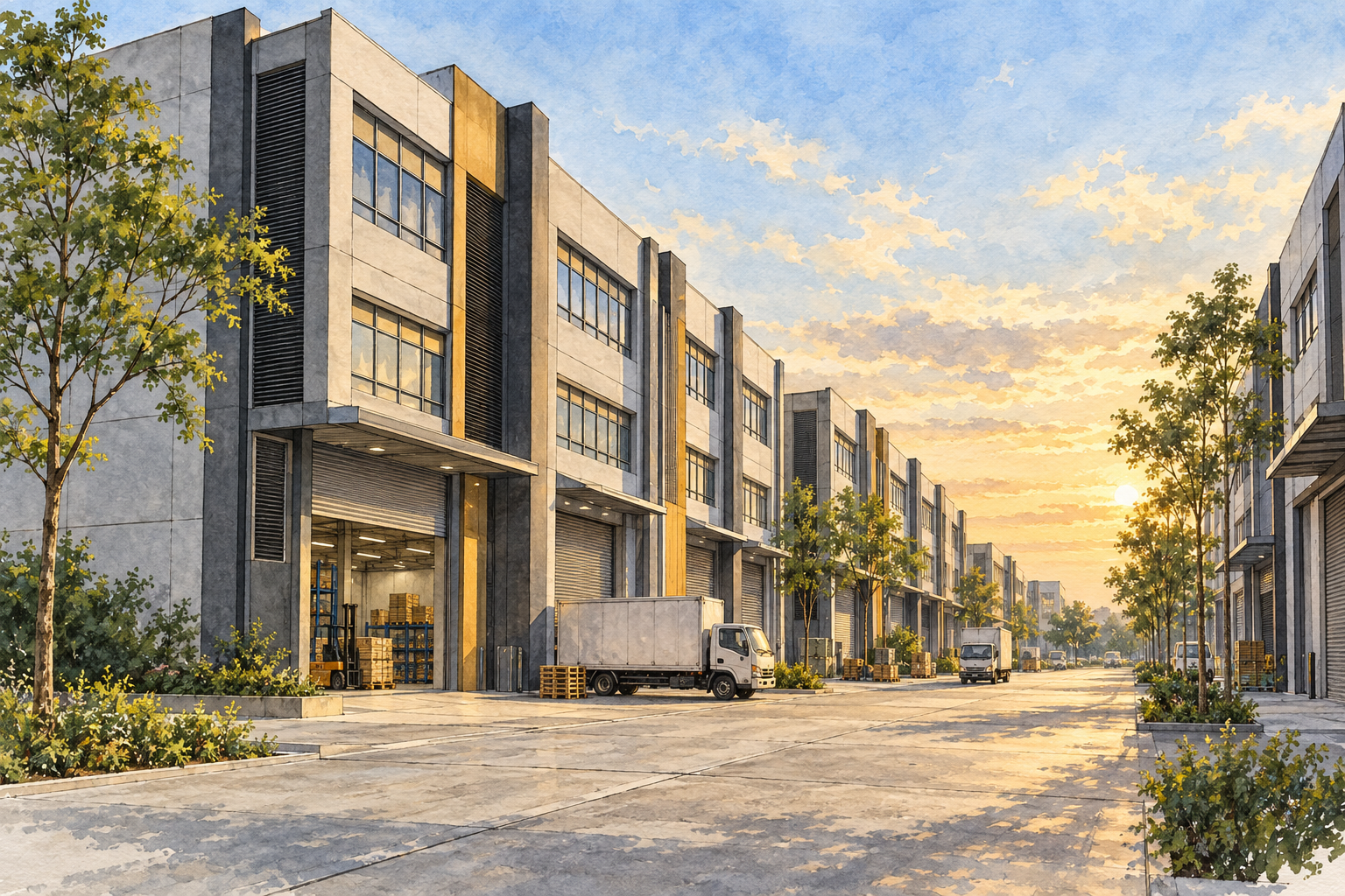 AI-inspired watercolour of terrace factories and a service driveway, inspired by Platinum @ Pioneer; not an exact site depiction.