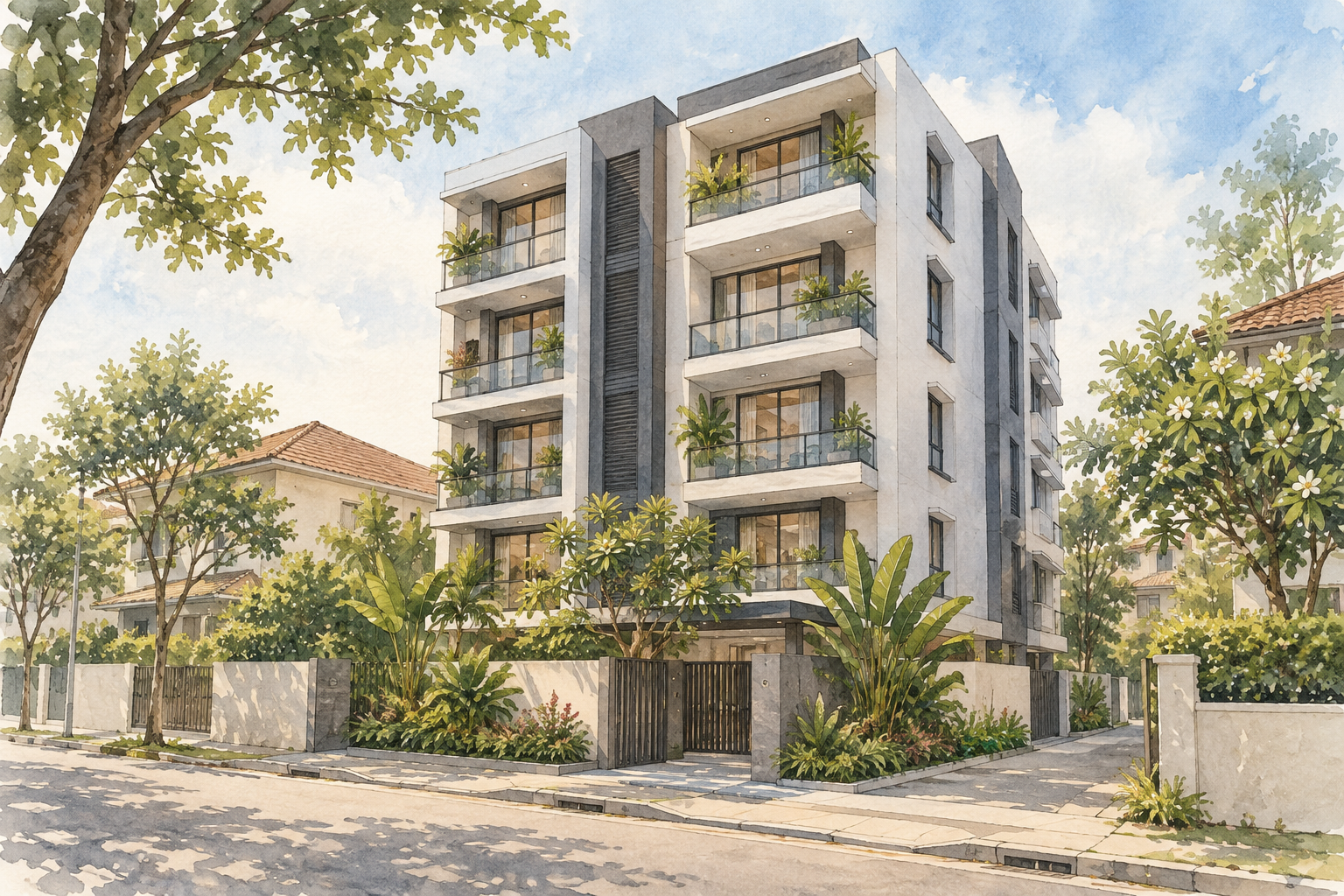 AI-inspired watercolour of a compact five-storey apartment block and planted frontage, inspired by Residence Twenty-Two; not an exact site depiction.