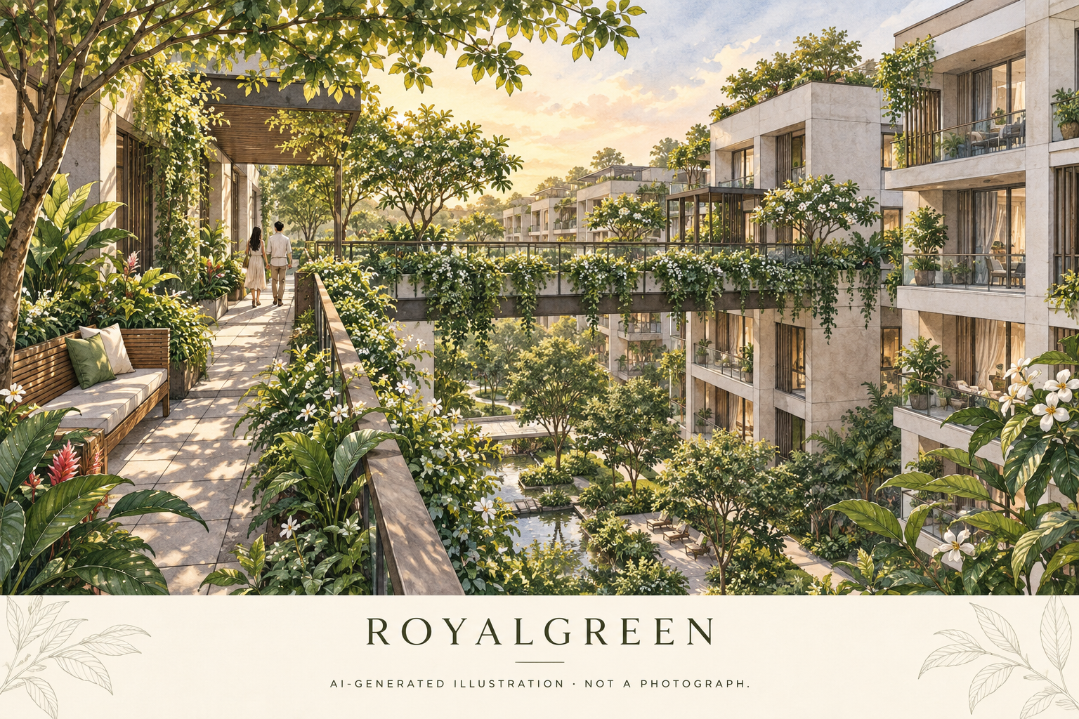 AI illustration inspired by RoyalGreen, showing planted garden bridges among low-rise residential blocks