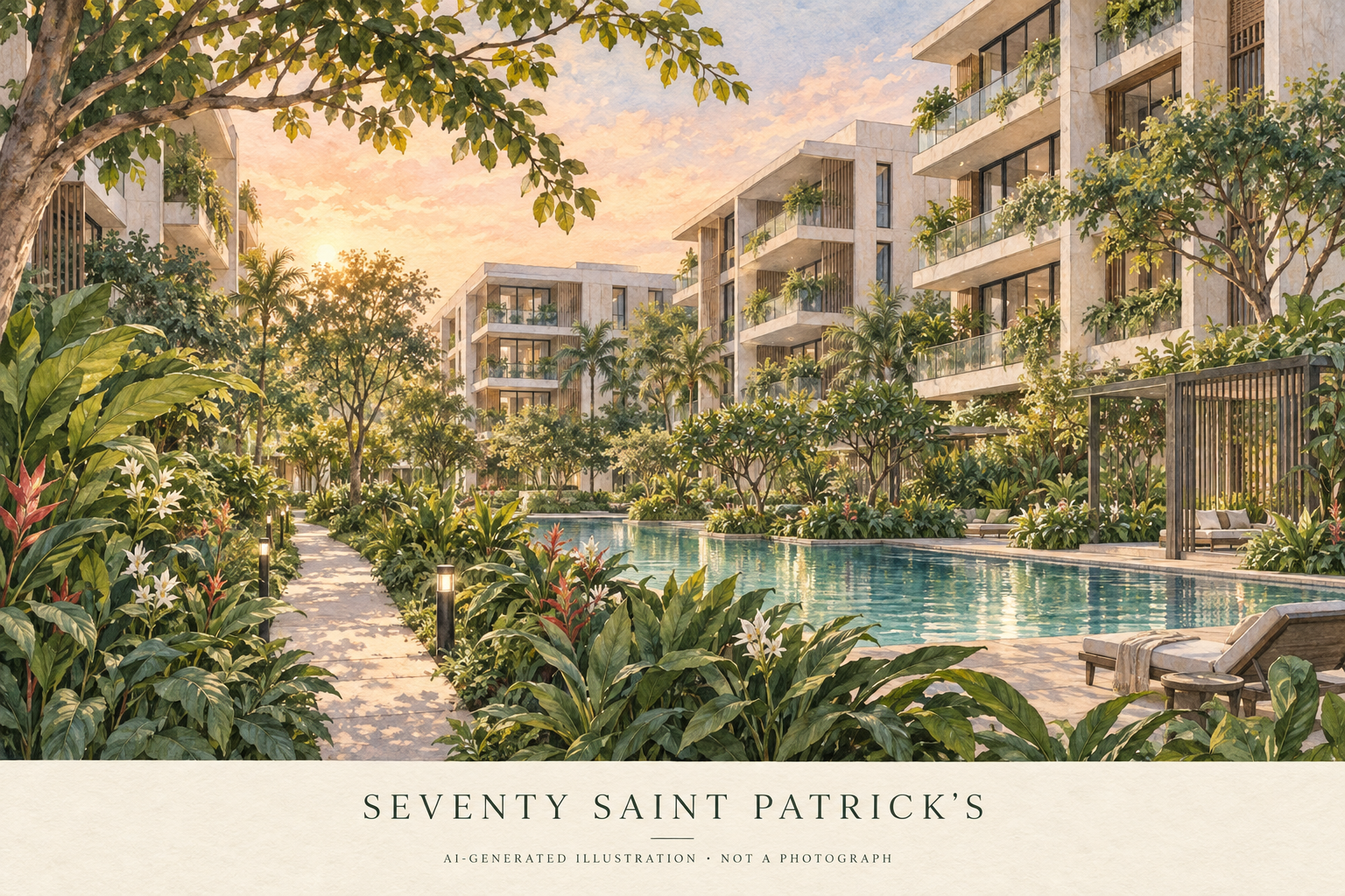 AI illustration inspired by Seventy Saint Patrick’s, showing low-rise homes and landscaped shared grounds