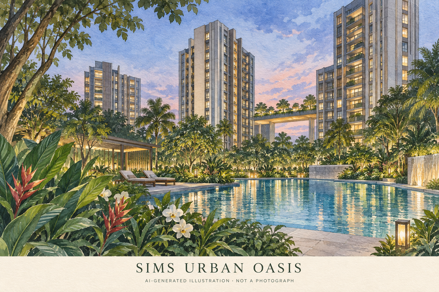 AI illustration inspired by Sims Urban Oasis, with varied apartment blocks, tropical planting and a communal pool